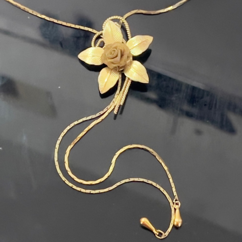 Vintage Gold Tone Floral Lariat Slide Necklace Rose Leaf Snake Chain Adjustable